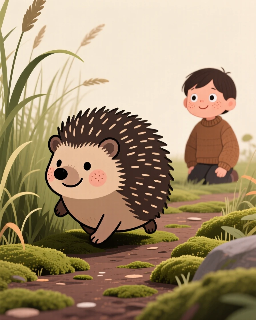 A playful hedgehog hopping through tall grass in a mossy garden path, pausing to look up with curious, gentle eyes as a child watches from afar.