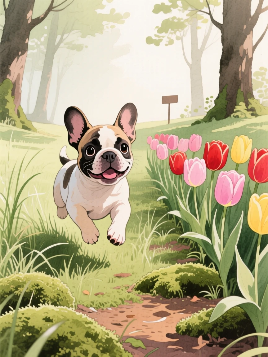 A French bulldog puppy hops through tall grass in a mossy forest clearing, beside a row of blooming tulips