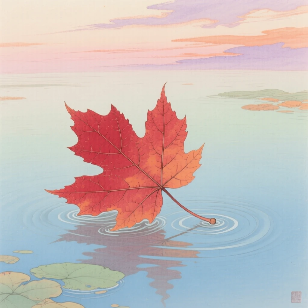 A single red maple leaf floating on a still autumn pond, beneath a sky streaked with the colors of early morning