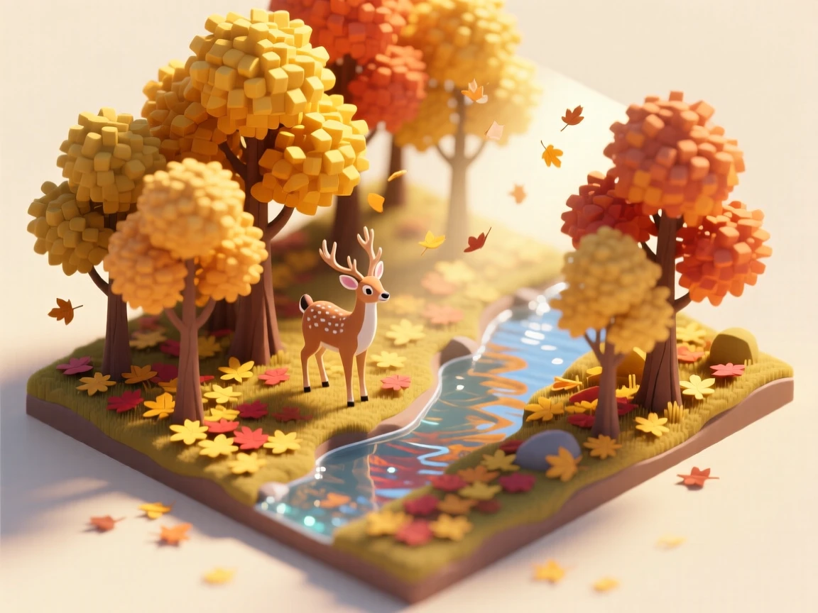 A golden autumn forest with a carpet of fallen leaves, a deer standing in a shaft of light, and a stream reflecting the colorful canopy.