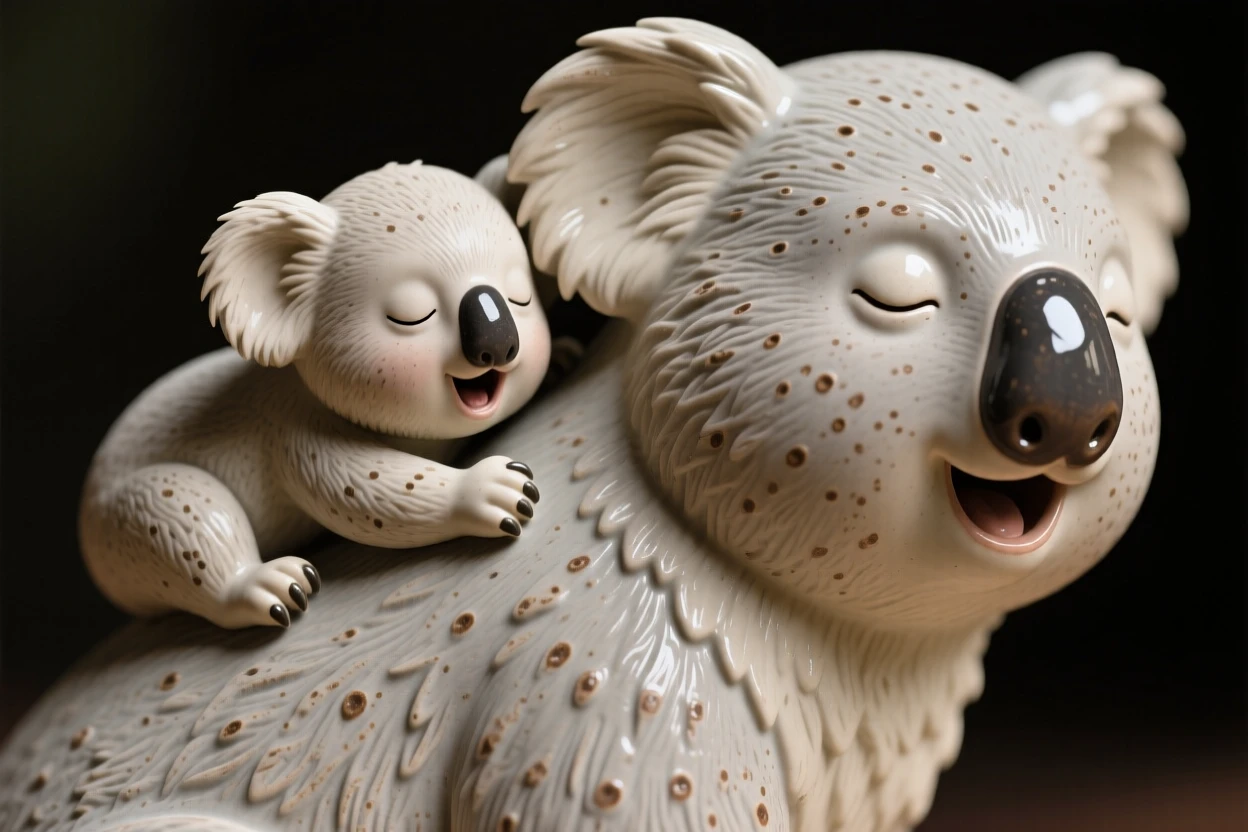 A sleepy baby koala clinging to its mother's back captured mid-yawn in a sleepy, sweet moment, dotted with tiny, delicate freckled markings, conveying gentle warmth perfect for any family space.