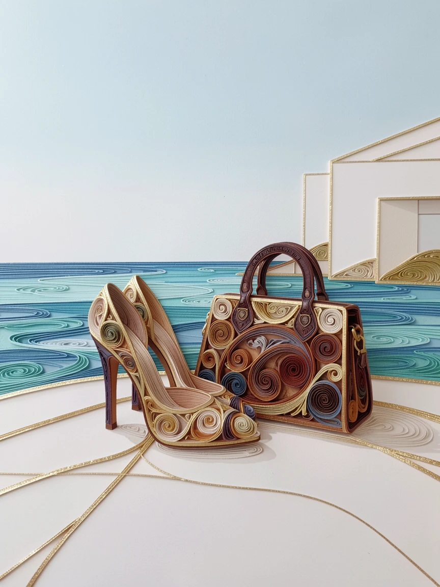 A sophisticated luxury scene of a pair of elegant high heels beside a designer handbag on a private terrace overlooking the Mediterranean, with a subtle metallic gold shimmer, arranged with refined, minimalist negative space.