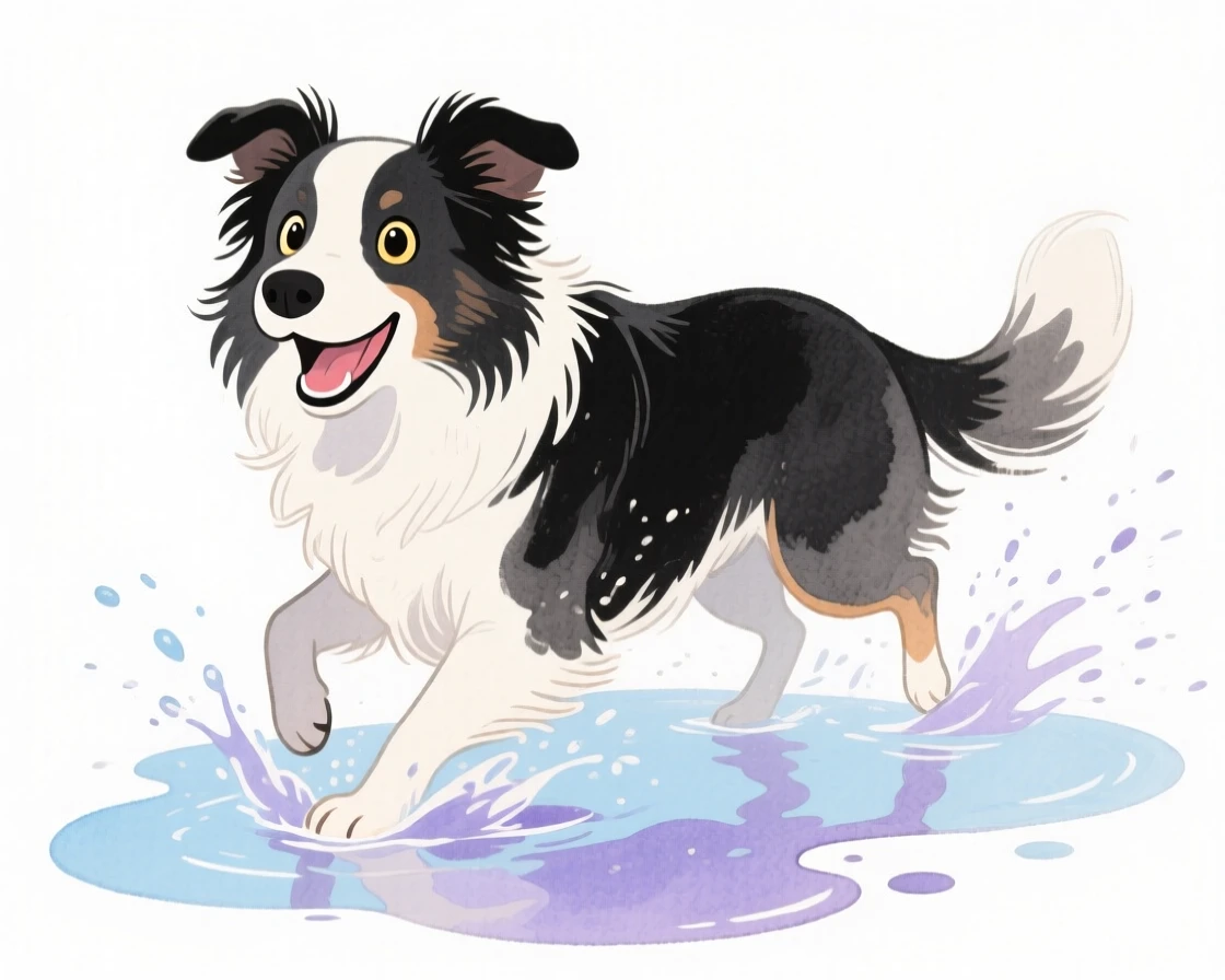 A border collie splashing happily in a puddle