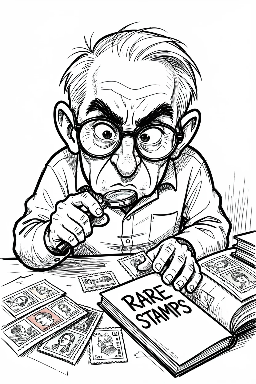 [Occupations & Hobbies] Detailed scene of an avid stamp collector examining rare stamps with a magnifying glass, showcasing skill and dedication