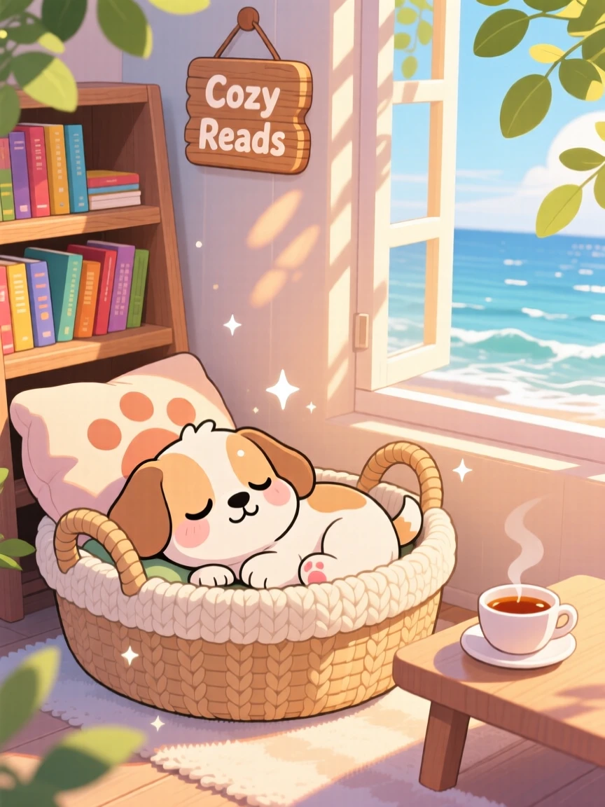 Dynamic diagonal composition of a fluffy puppy, napping inside a knitted basket, in a cozy reading nook, on a breezy coastal afternoon, illuminated by warm morning light filtering through leaves, radiating bubbly enthusiasm.