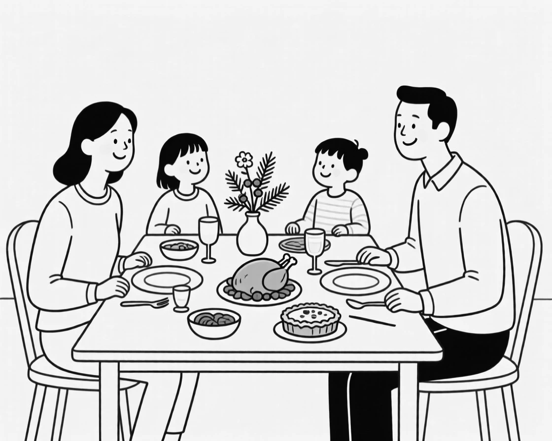 A family gathered around a table sharing a holiday meal