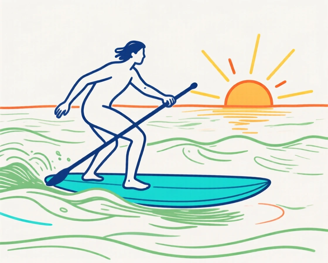 A surfer paddling out toward a rising sun.
