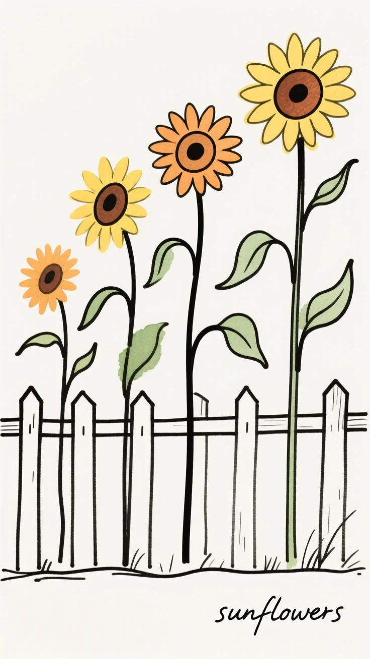 A row of sunflowers taller than a fence