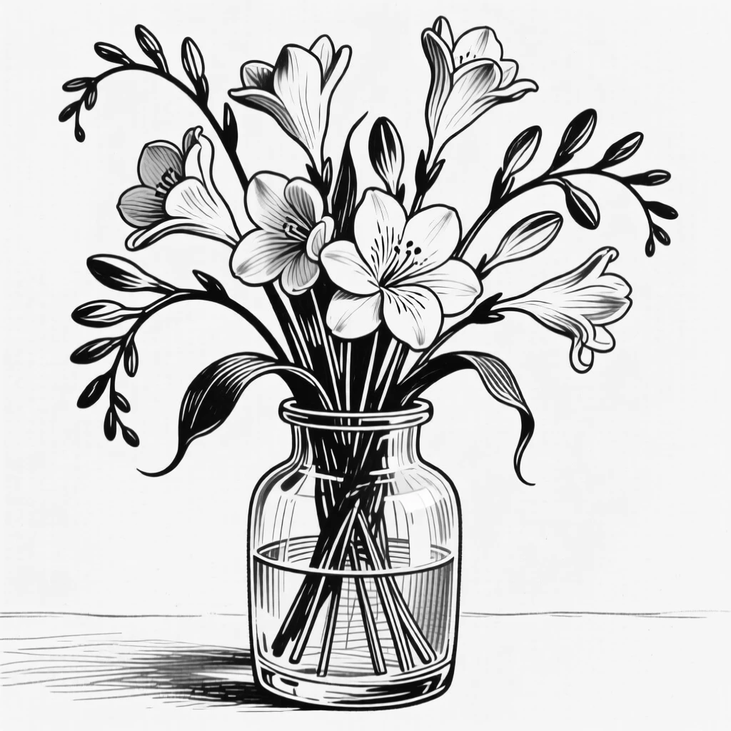 A bouquet of freesias arranged in a clear glass vase.