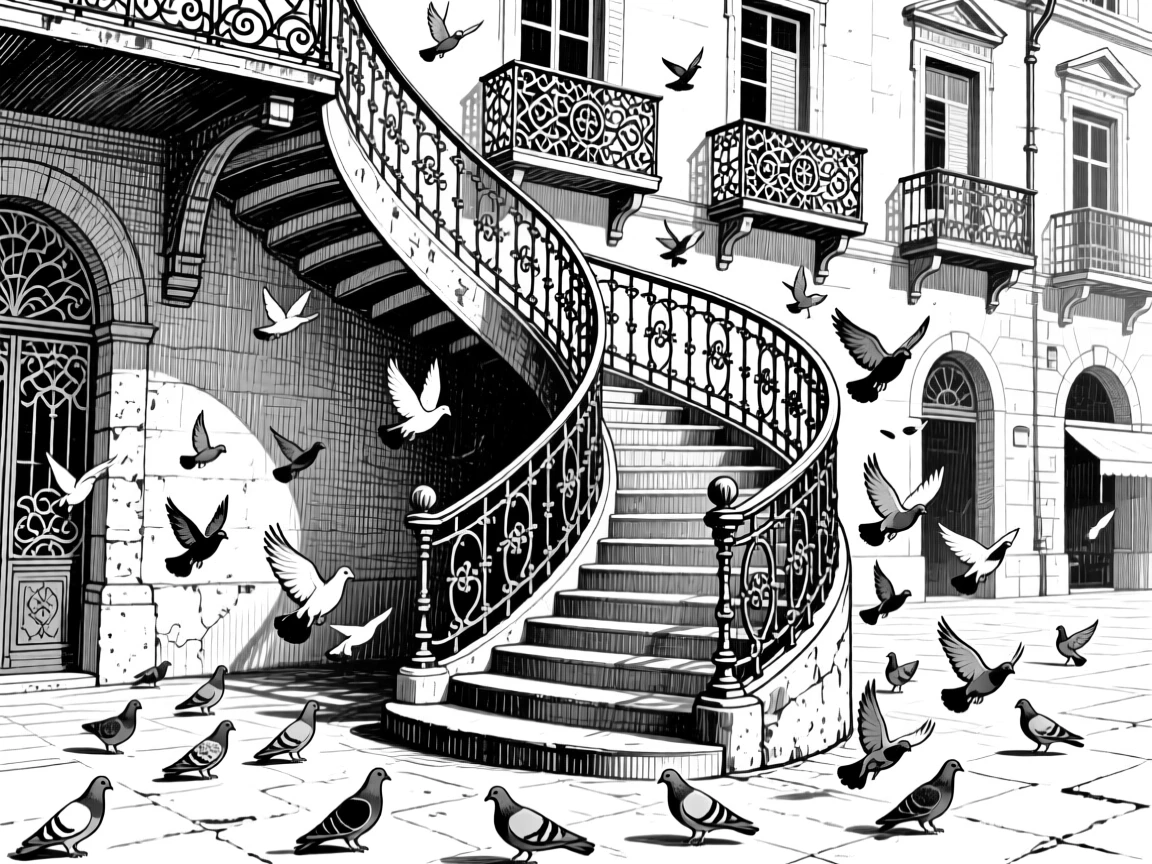 A sweeping spiral staircase as pigeons scatter across the square, featuring wrought-iron balconies overhead, rendered in a rich with history architectural composition.