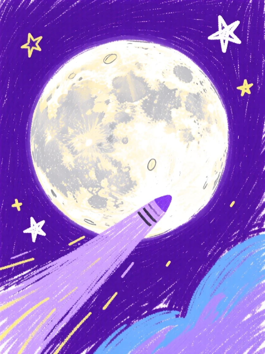 A cratered moon streaking across a deep violet night sky.