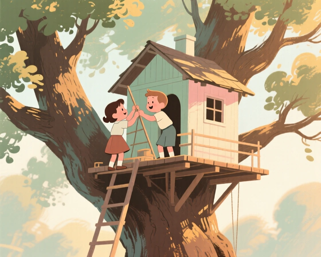 Two children building a treehouse in a large oak tree