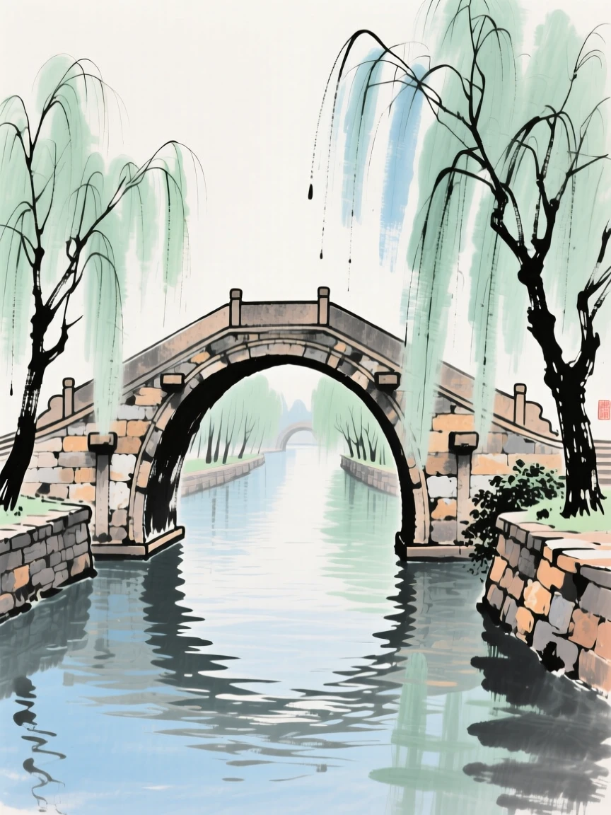 An arched stone bridge over a canal lined with willow trees, at midday.