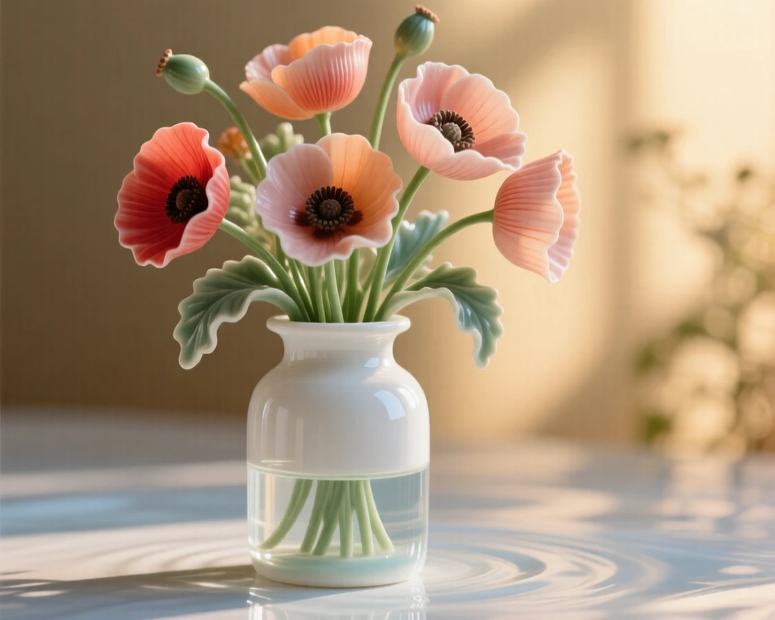 A lush arrangement of wild poppies in a delicate glass jar, backlit by warm afternoon sun.