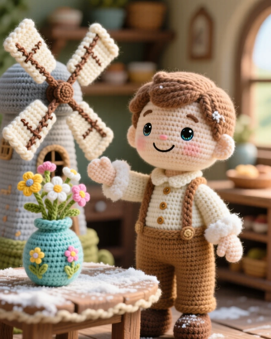 a cheerful windmill keeper, with flour dusting his sleeves, checking the turning blades of an old windmill, in a warm village bakery filled with morning light, with a small vase of wildflowers on the table nearby, conveying warm, homespun charm and quiet dedication.