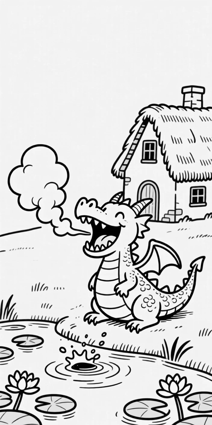 A tiny dragon hiccuping puffs of smoke, yawning wide enough to reveal a mouth full of crooked teeth, set on the outskirts of a tiny thatched-roof village. Lily pads ripple from the sudden splash. The scene turns epic fantasy into pure charming comedy.