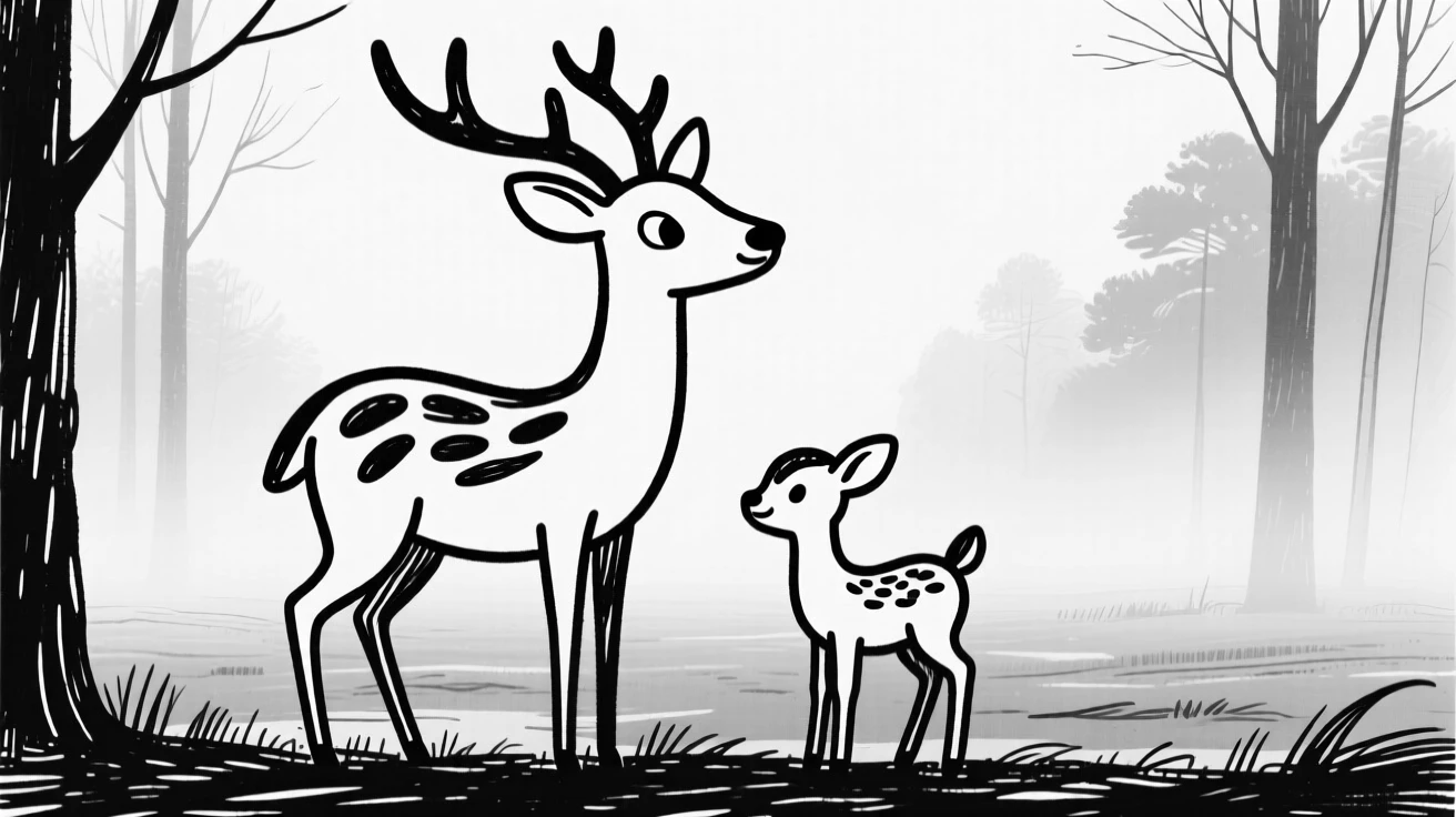A deer and her fawn standing quietly at the edge of a misty forest clearing.