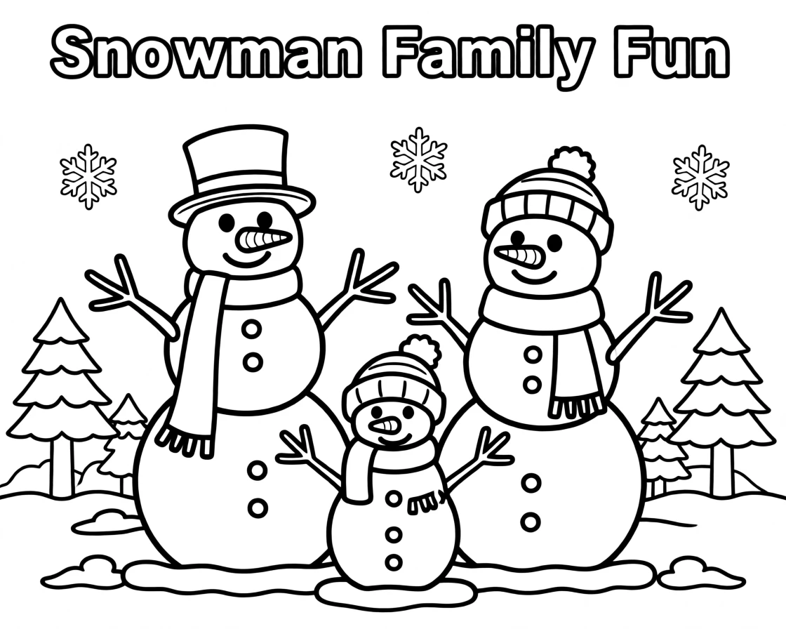 A snowman family standing together in a snowy yard