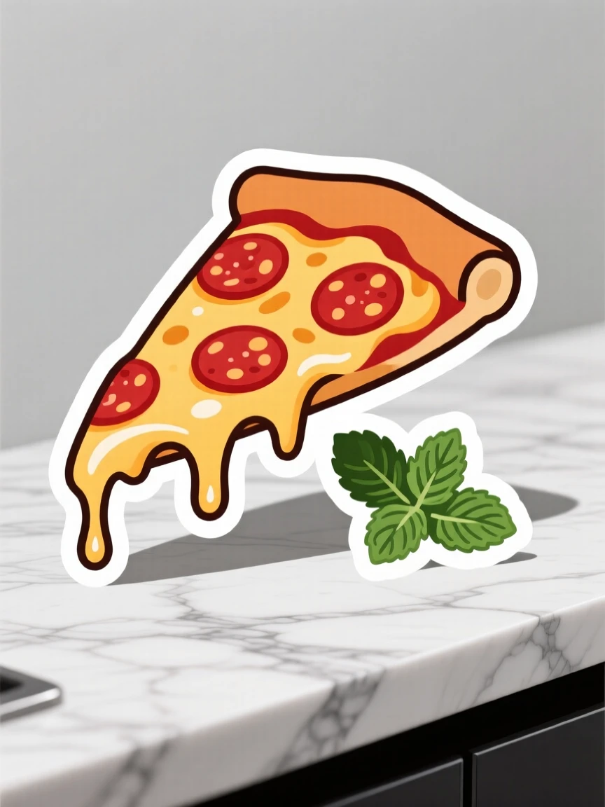 A mouthwatering hot slice of pepperoni pizza with a cheese pull, garnished with a sprig of fresh mint, on a marble countertop with soft shadows.
