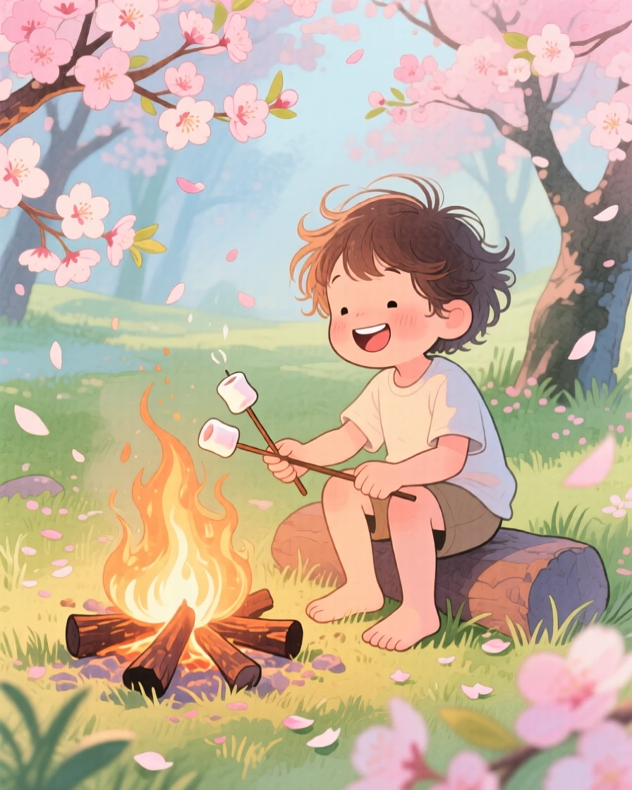 A barefoot child roasting marshmallows over a crackling campfire, in a blossoming cherry tree garden, brimming with carefree happiness.