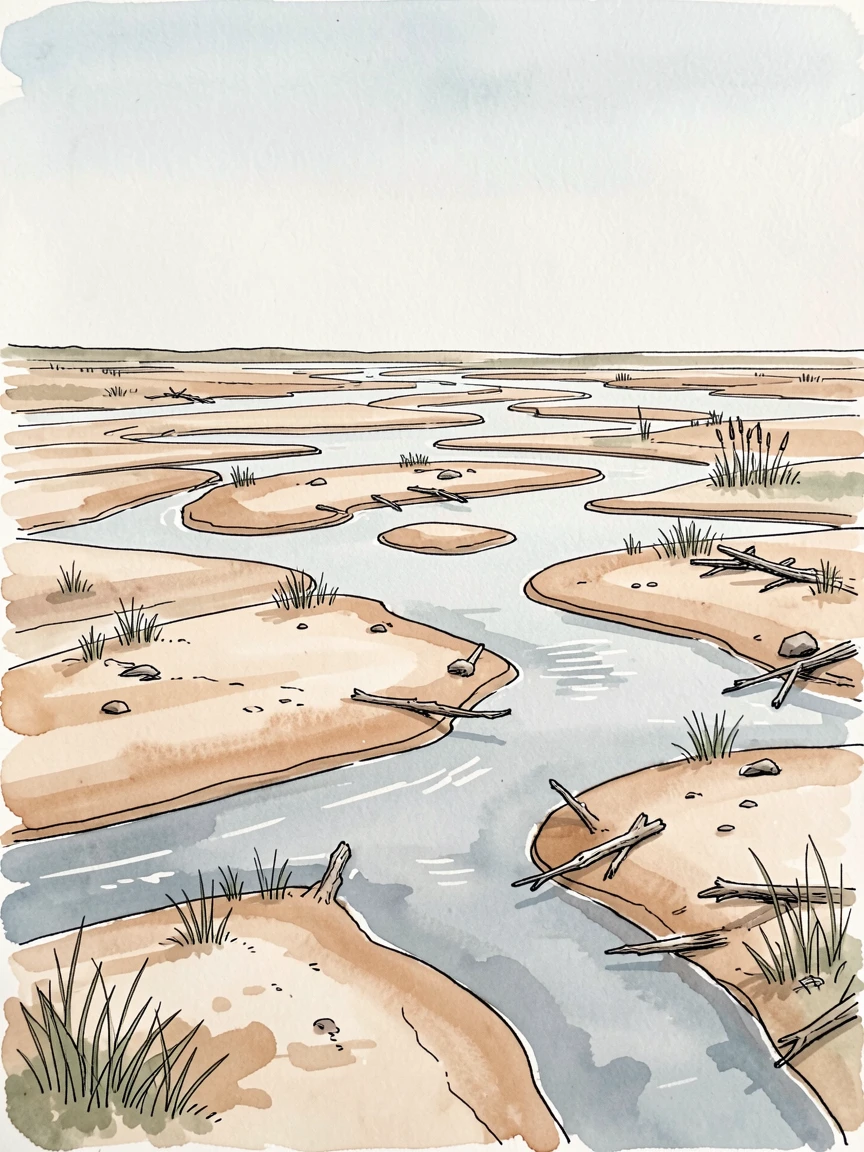 A wide river delta braided with sandbars at low tide, the air still and cool with the promise of a new day.