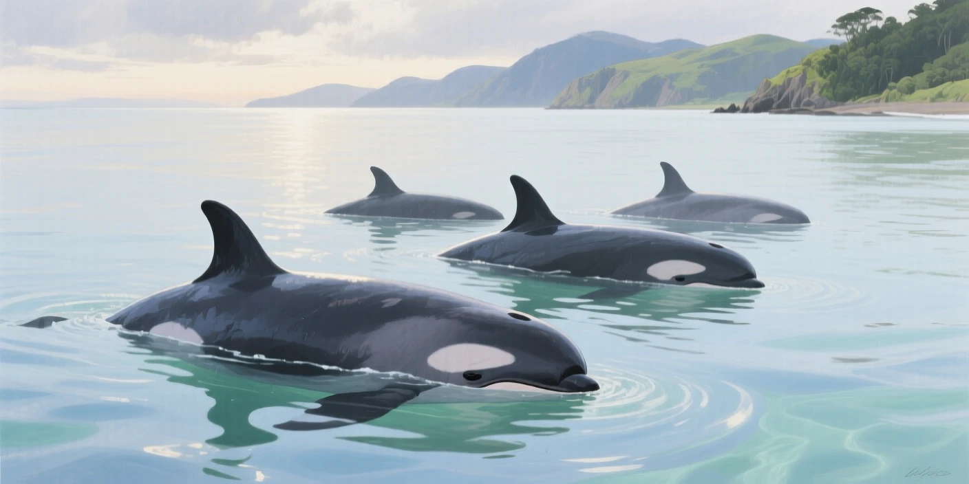 A pod of pilot whales rests near the surface of calm waters off the coast of New Zealand, their dark fins breaking the glassy water, the moment captured with a sense of calm intimacy despite the wild setting.