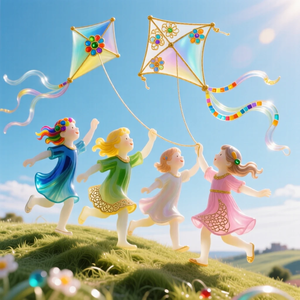 A group of children flying kites together on a windy hilltop, playful and free.