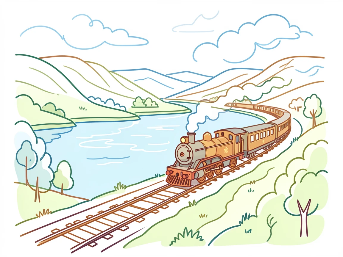 A vintage train winding through the Scottish Highlands past a loch.