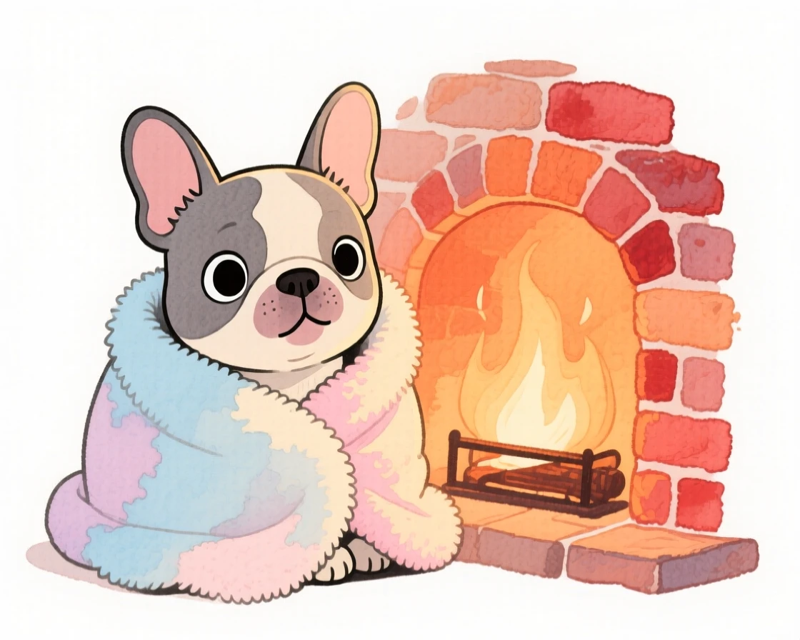 A tiny french bulldog wrapped in a soft blanket by a fireplace