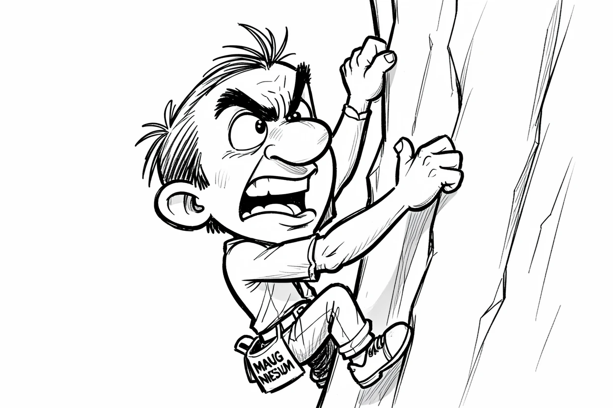 [Occupations & Hobbies] Detailed scene of a passionate rock climber scaling a sheer cliff face with chalk-dusted hands, showcasing skill and dedication