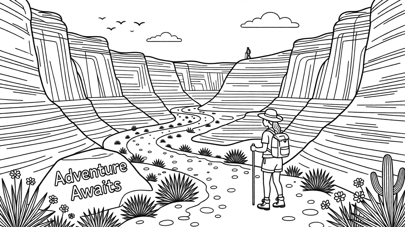 A winding trail through a canyon of red rock, with a distant figure hiking along a ridge.