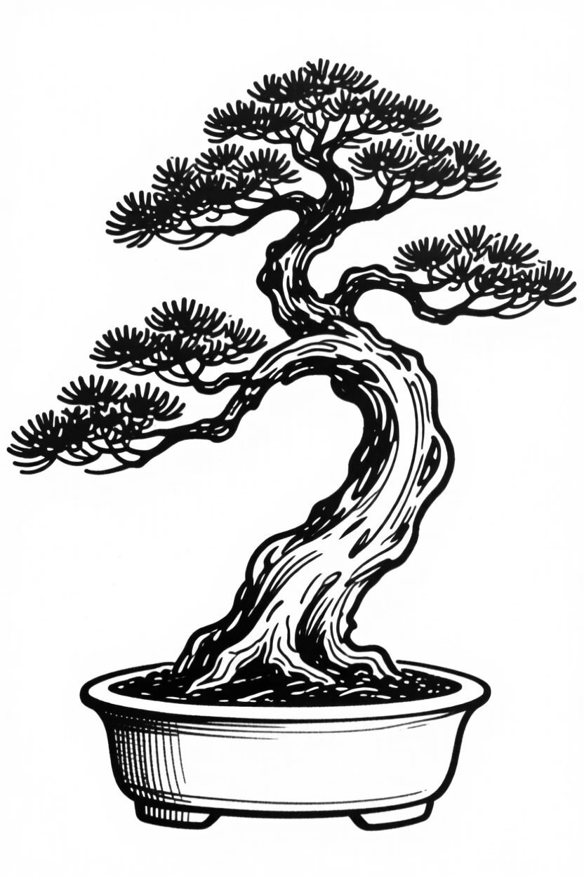 A potted bonsai tree carefully shaped over many years.