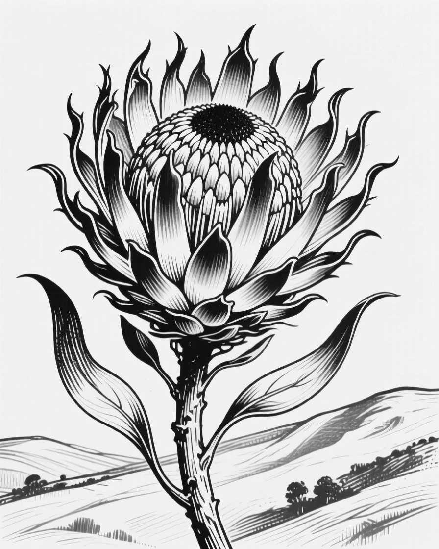 A single protea flower with bold, spiky petals native to a sunny hillside.