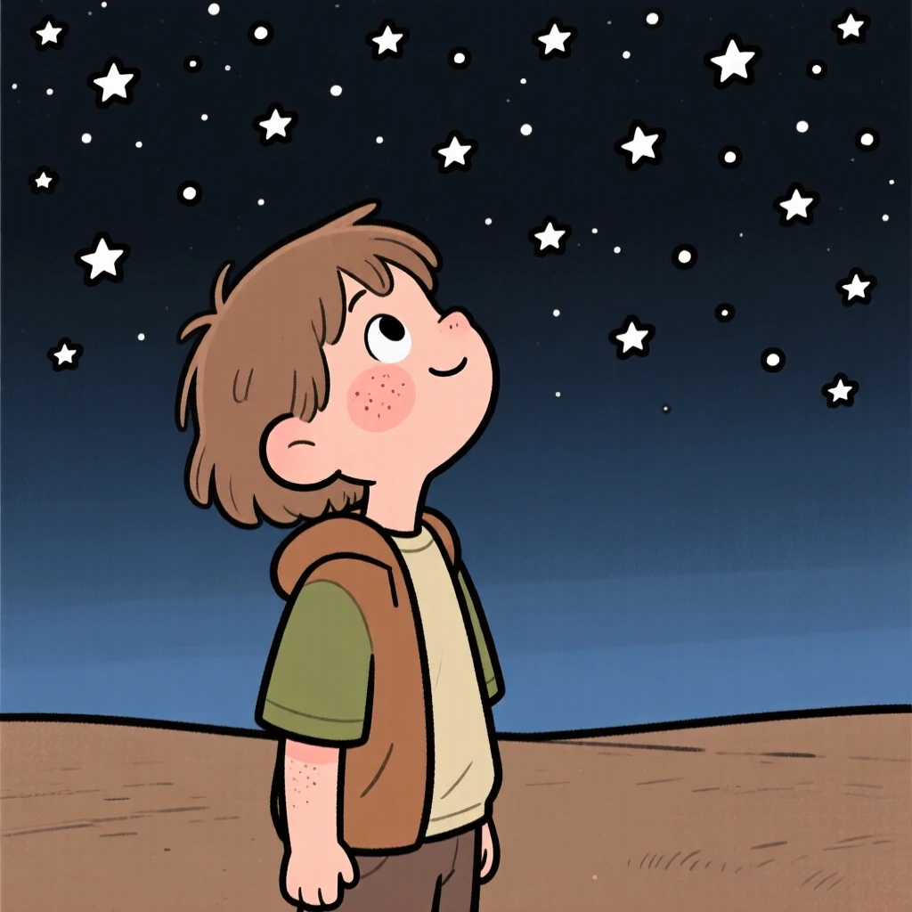 A curious teenager looks up in quiet wonder at a sky full of stars, a soft smile spreading across their face as a feeling of gratitude settles over the scene.