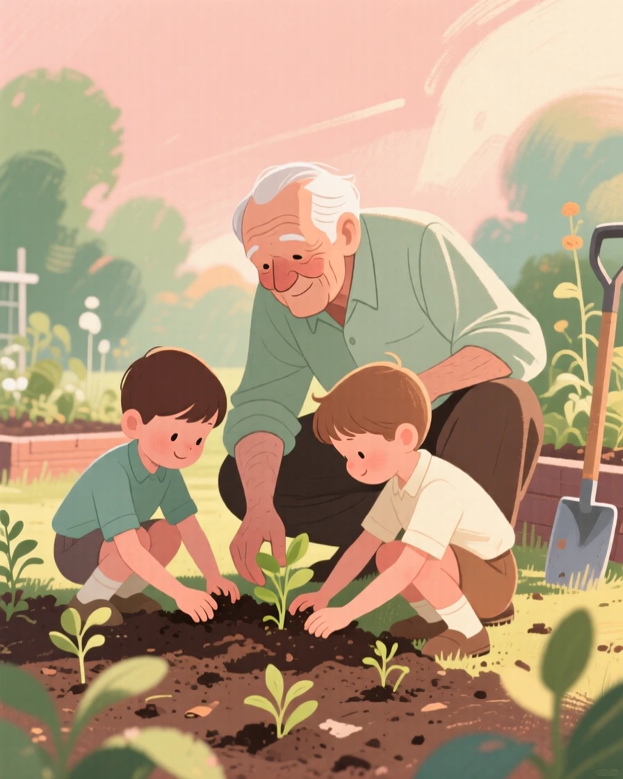 A grandfather teaching his grandchildren to plant a garden