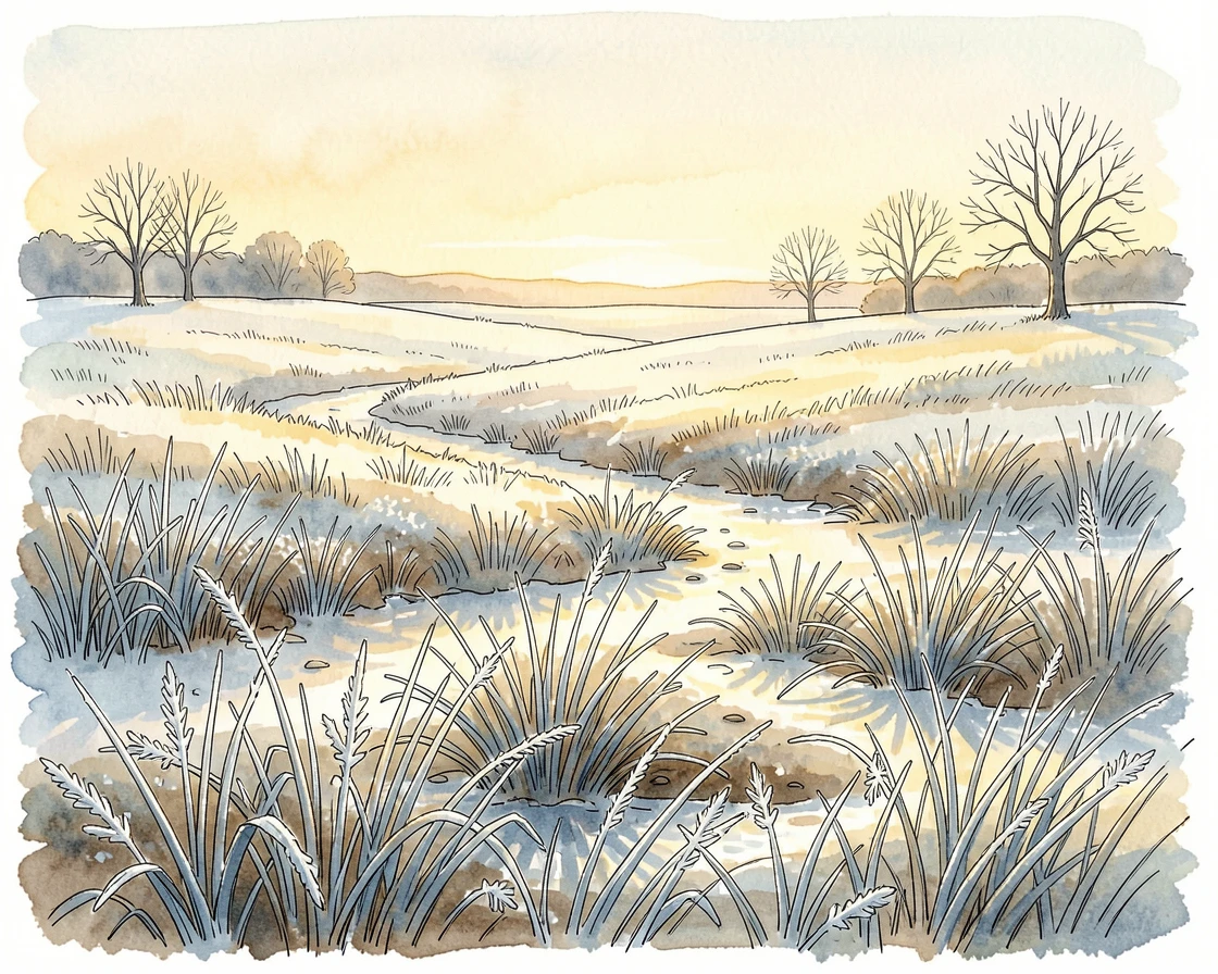 A frost-covered meadow catching the first light of a winter morning, golden light spilling across the landscape at the close of day.