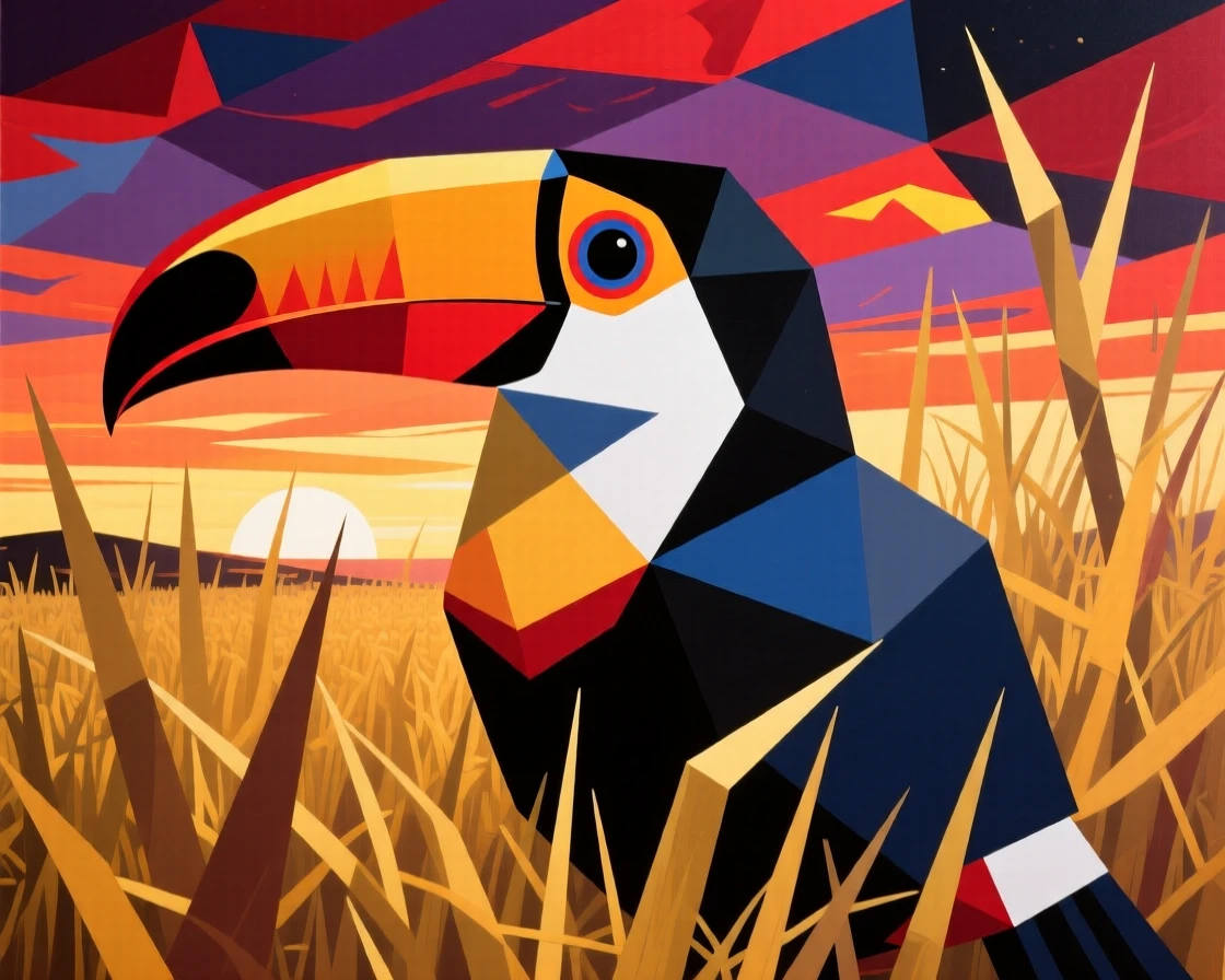 A striking view of a toucan emerging from tall golden grass at dawn beneath a dramatic sky.