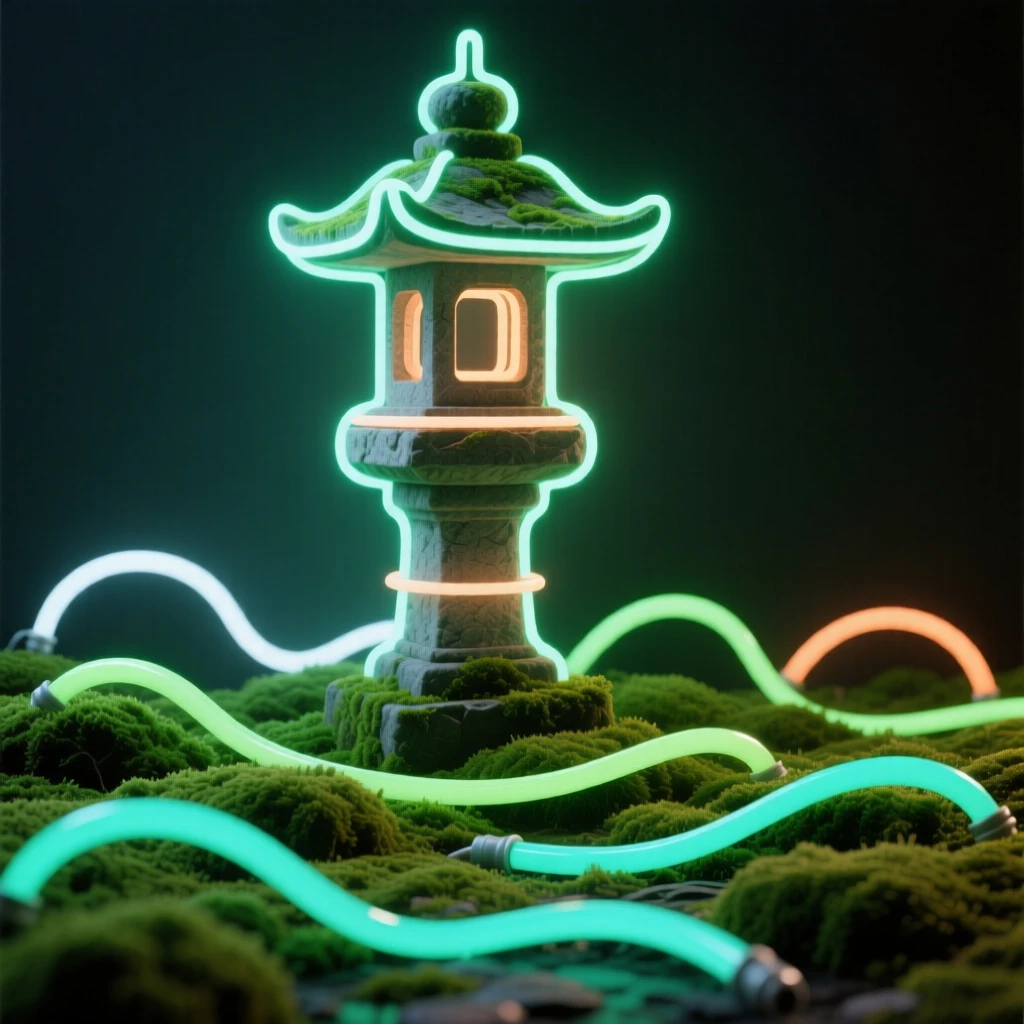 A moss garden carpeting the base of an old stone lantern.