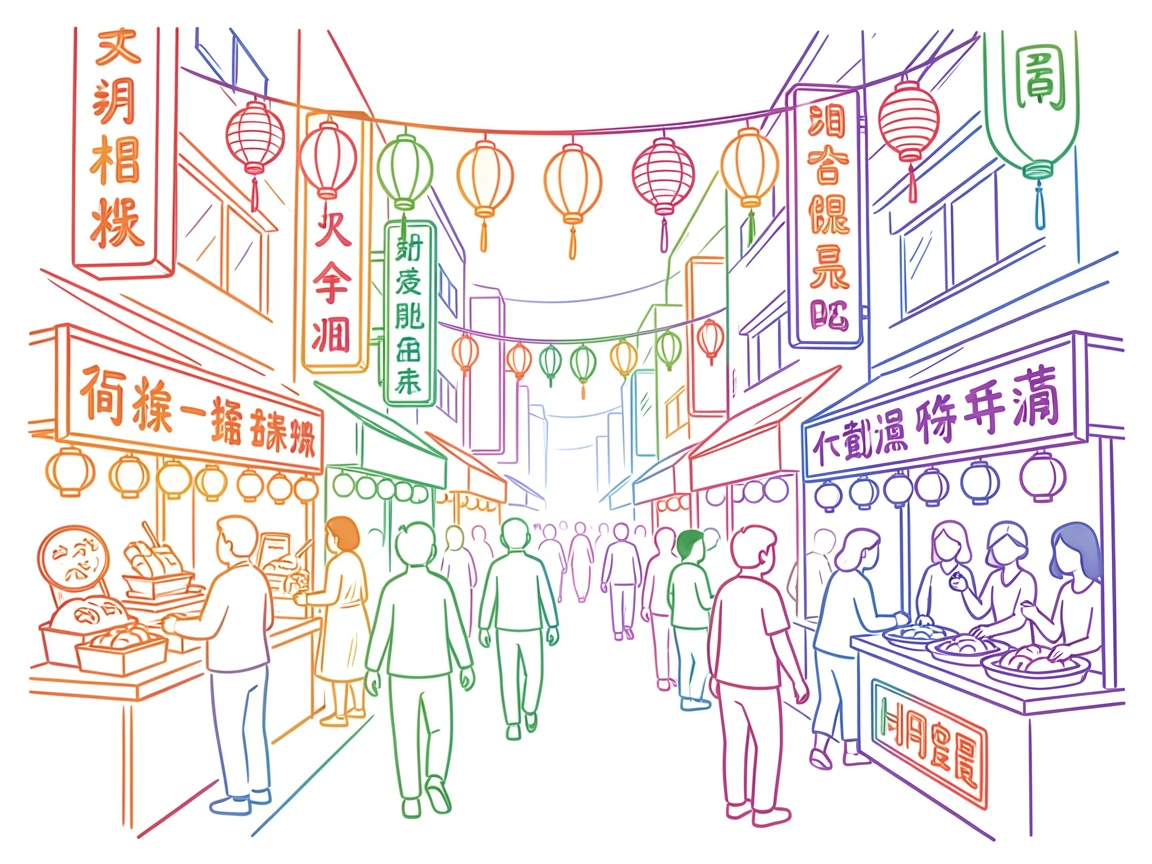 The bustling night market streets of Taipei lit with lanterns and neon signs.