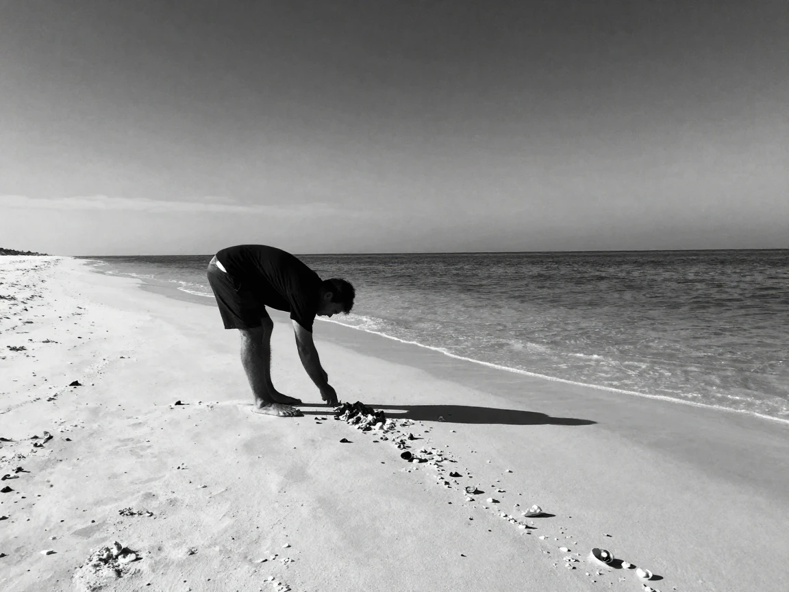 A beachcomber searches the shore for washed-up shells on a quiet stretch of white sand.