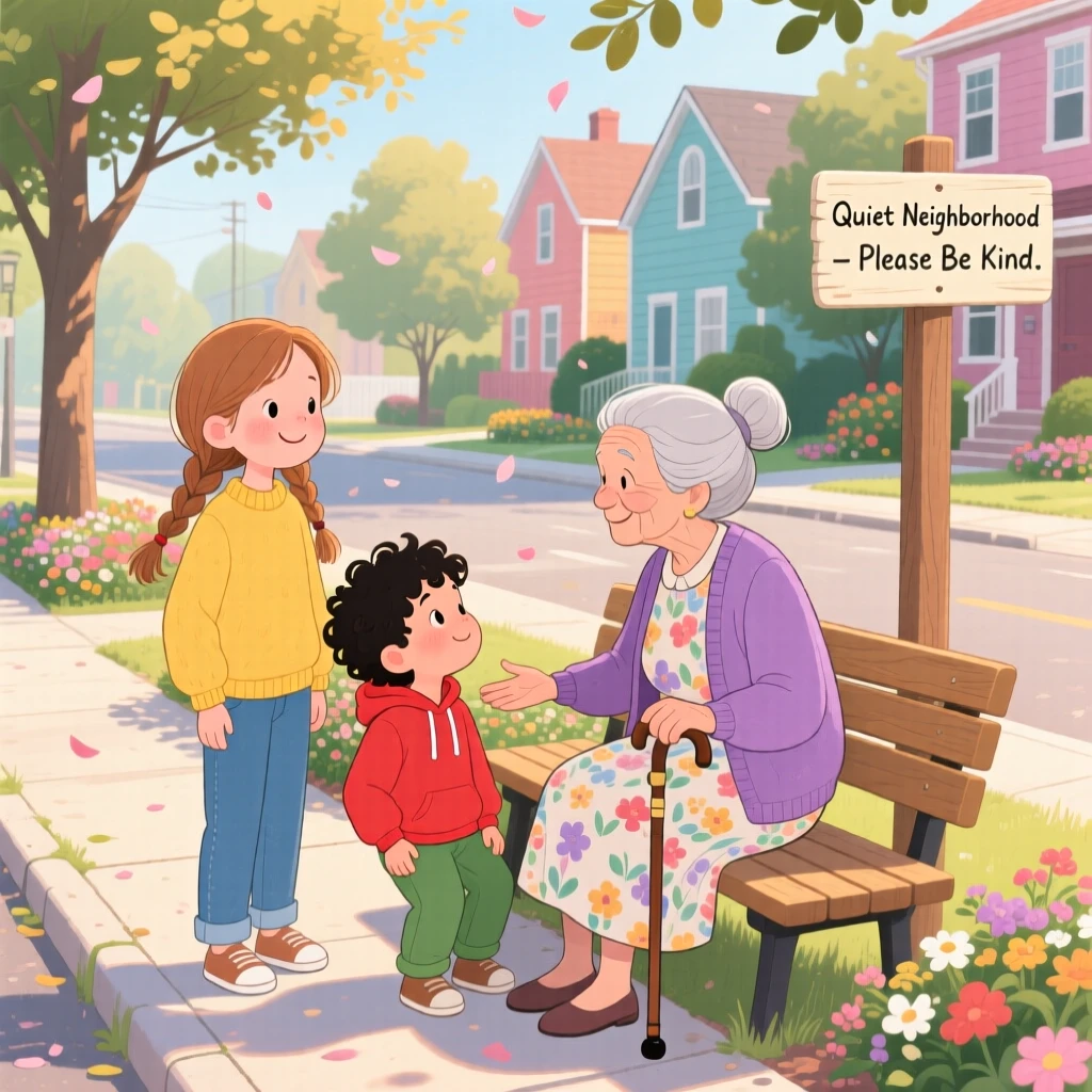 An older sibling and a younger one share a tender moment giving up a seat so someone else can rest in a quiet neighborhood sidewalk, while a soft breeze carries away any worry.