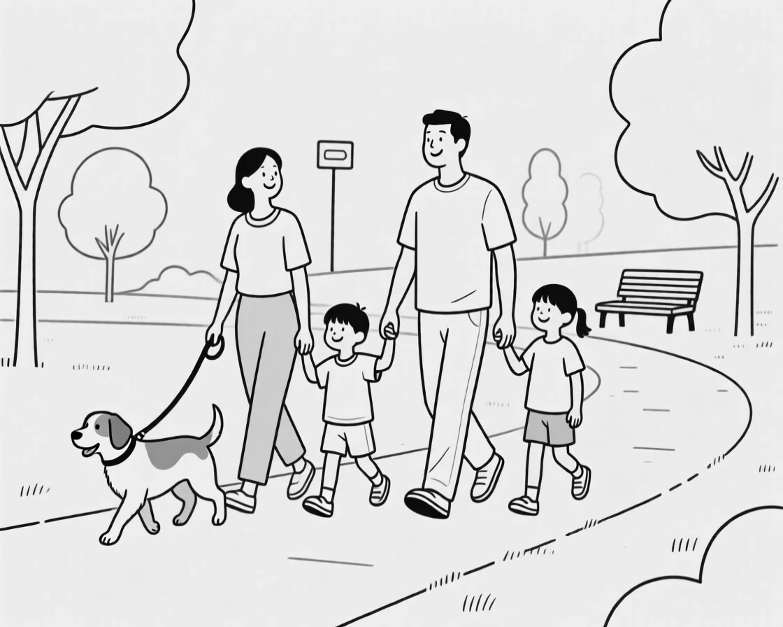 A family walking a dog together in a park
