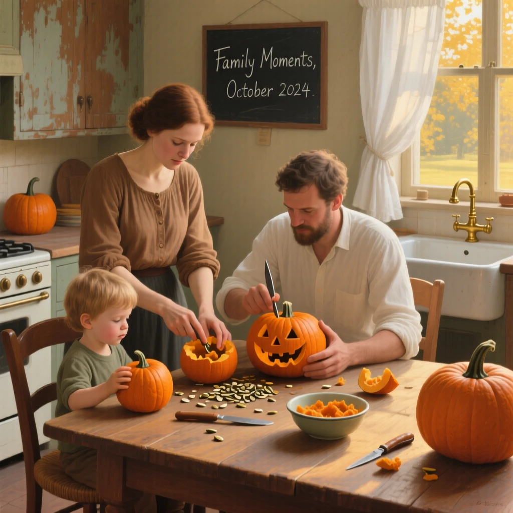 A young family carving pumpkins together at the kitchen table, as the golden light of late afternoon fills the space, offering a heartwarming glimpse into ordinary, meaningful moments
