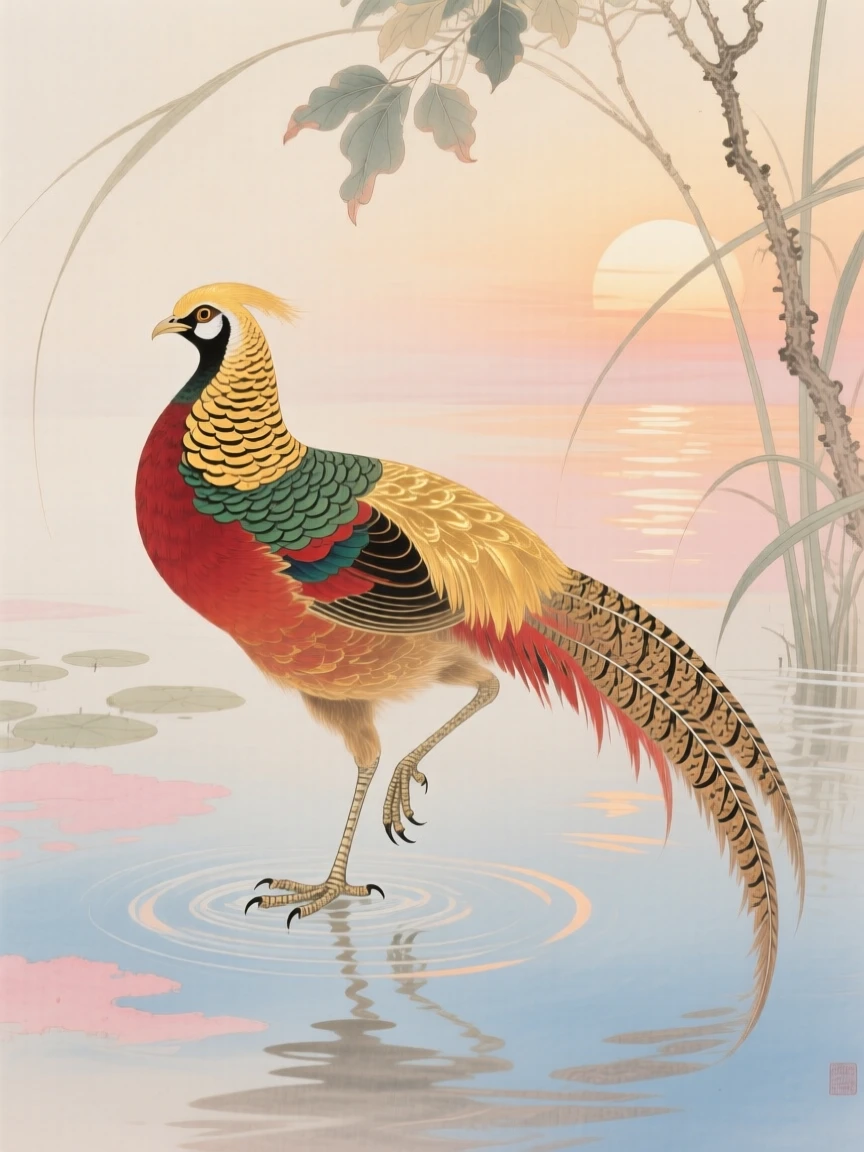 A golden pheasant standing on one leg in shallow water at sunrise, soft morning light filtering through the branches