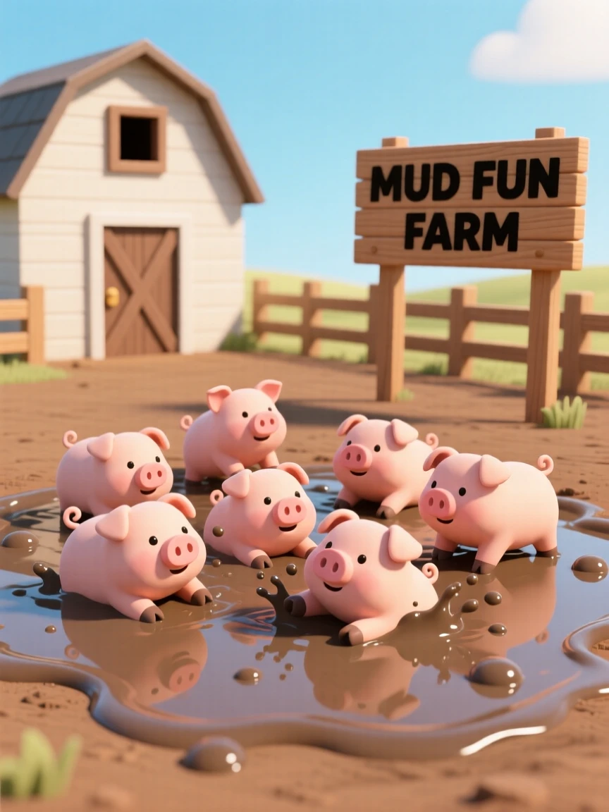 A playful group of piglets splash and roll together in a cool mud puddle on a sunny farm.