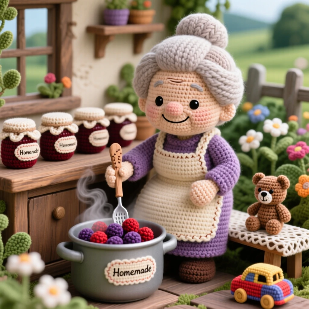 a gentle grandmother making jam, with jars lined up on the counter, stirring a pot of simmering berries, in a quiet countryside cottage garden, with a small wooden toy left on a bench nearby, conveying gentle pride in a job done with care.