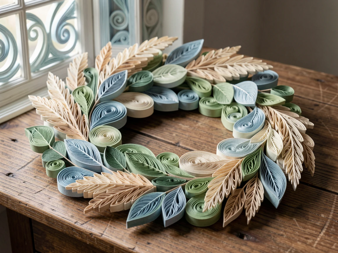 A serene botanical study of a wreath of eucalyptus and pampas grass on a rustic wooden table near an open window, with delicate veining visible on each leaf, captured in a close-up macro composition.