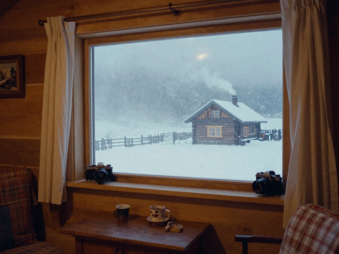 A cozy cabin with smoke curling from its chimney in falling snow, in cool blue twilight, in thick rolling fog, in winter, in warm honey and cream tones, viewed from across the room.