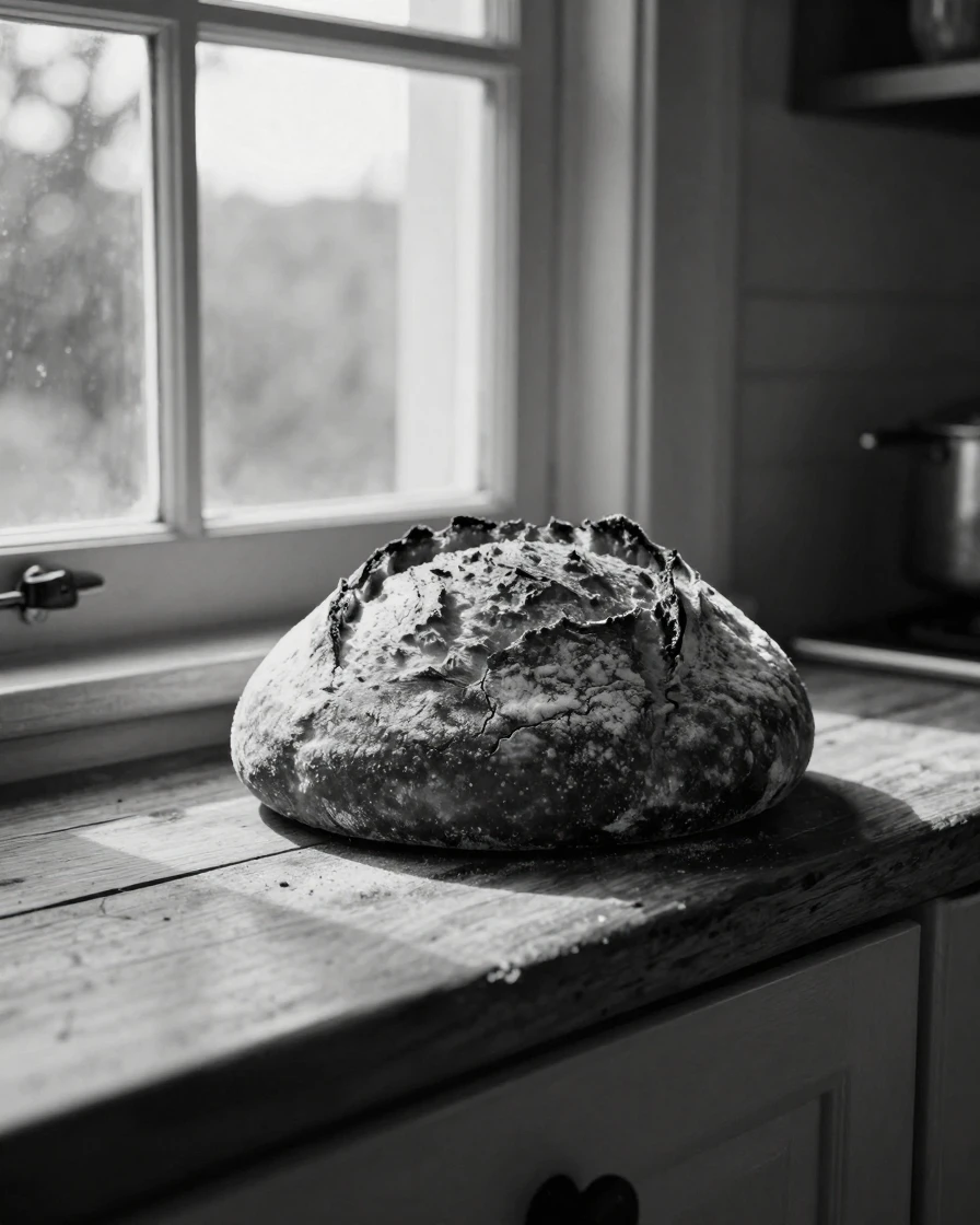 A freshly baked loaf of bread cools on a wooden windowsill beside an open kitchen window.