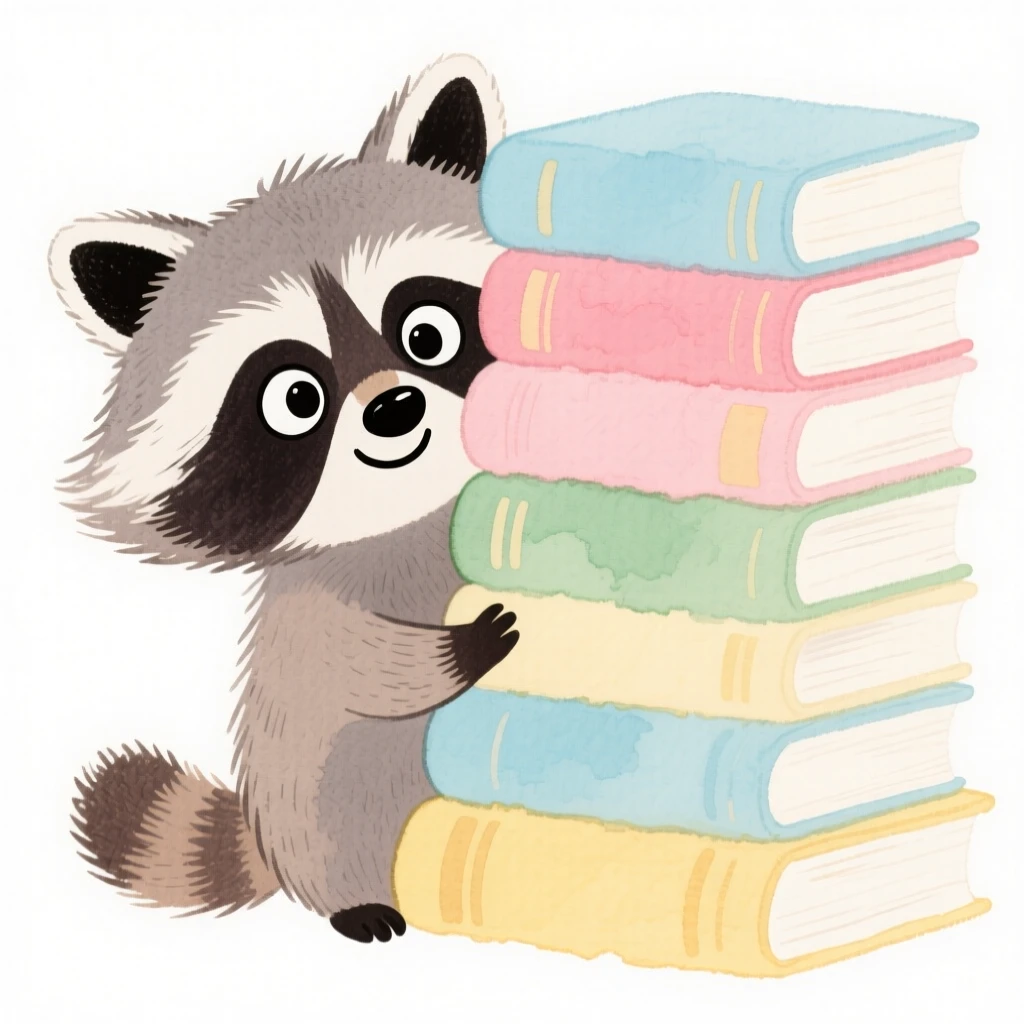 A raccoon peeking out from behind a stack of books